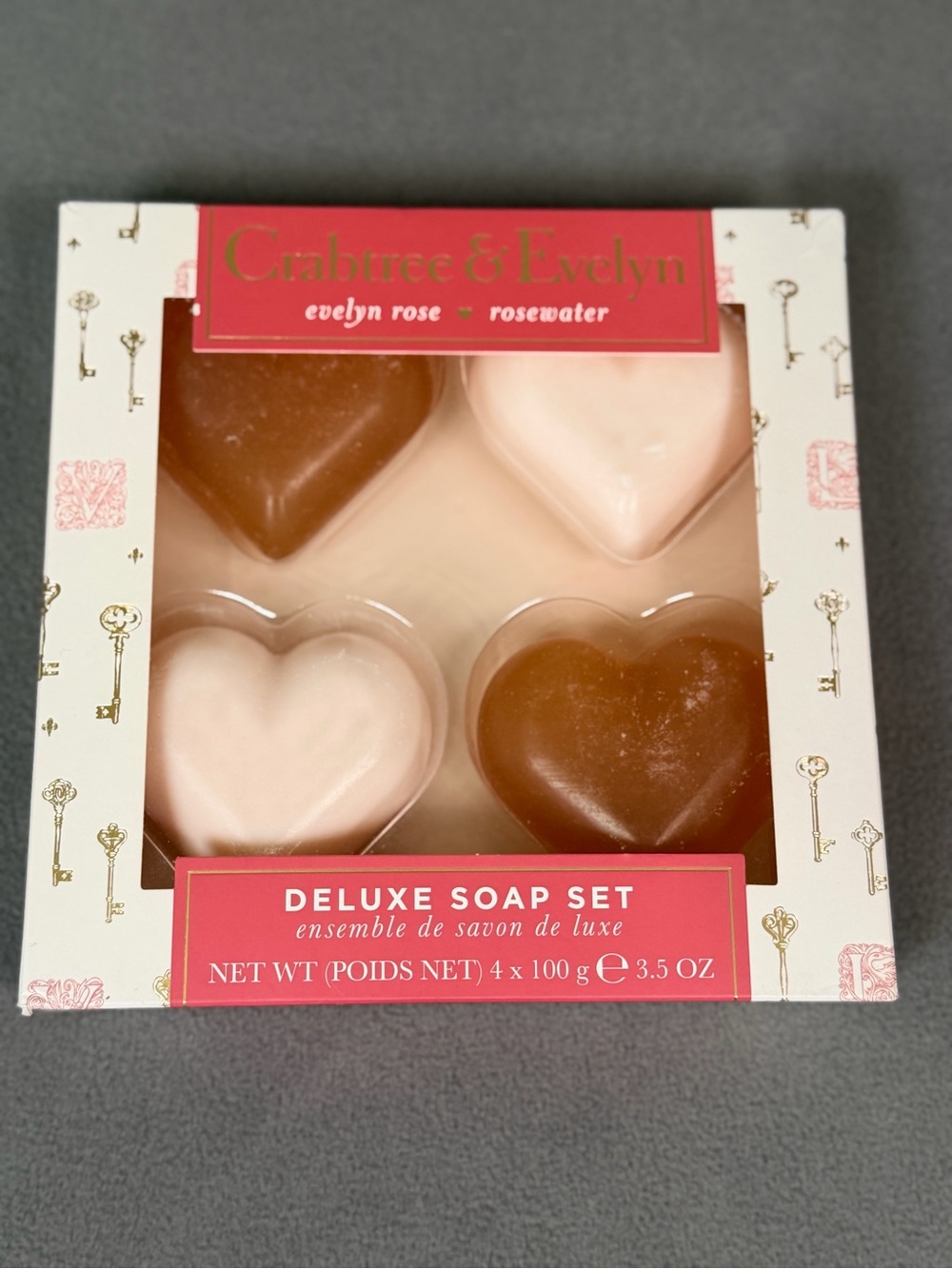 Crabtree & Evelyn- Evelyn Rose & Rosewater-4 Pc Deluxe Heart Soap Gift Set- NIB